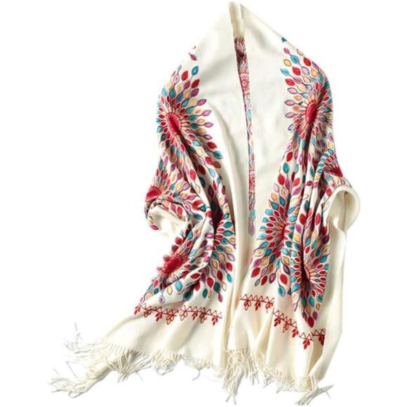 Women's Embroidered Oversize Shawl Scarf Cream